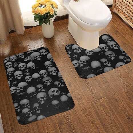 2-teiliges Badezimmerteppich-Set mit grauem und schwarzem Totenkopf