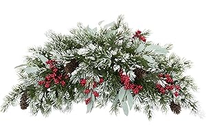 Topotdor Christmas Swag for Front Door, 25.6" Artificial Snowy Christmas Pine Swag with Pine Cones and Red Berries, Xmas Mailbox Swag for Indoor Outdoor Window Wall Home Holiday Decor