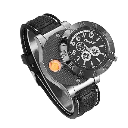 Gun Metal Body and Black Strap USB Cigarette Lighter Wrist Watch