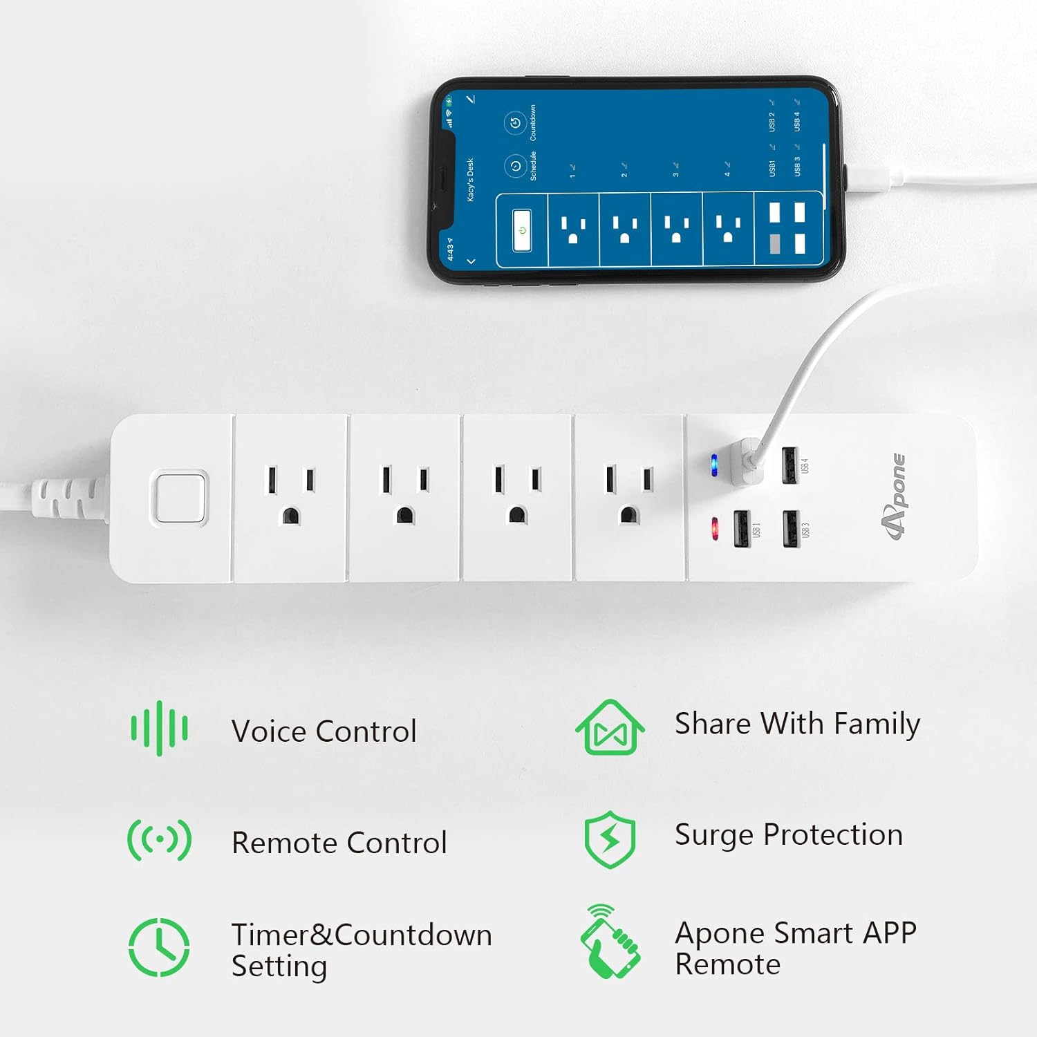 APONE Smart Power Strip, Smart Plug with 4 Outlets and 4 USB Ports, Voice Control Compatible with Google Assistant and Alexa, 5.90 ft Extension Cord, No Hub Required, Timing Schedule: Electronics