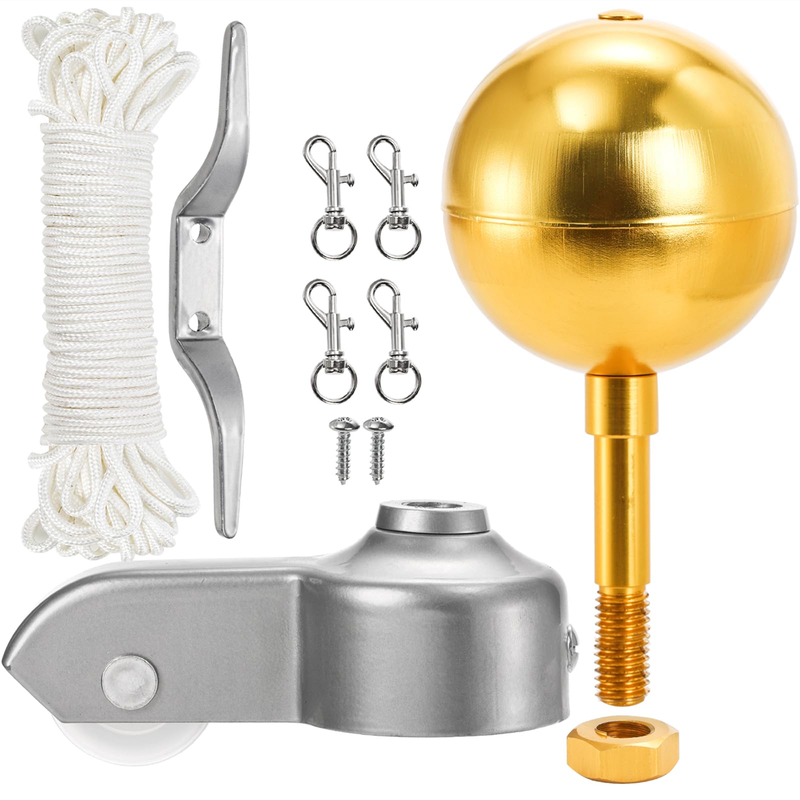 DEAYOU Flag Pole Parts Kits, Flag Pole Hardware Parts Repair Kit, 3" Topper Gold Ball, 50 Feet Halyard Rope, 4" Cleat Hook with 2 Screws, 4 PCS Swivel Snap Hooks, Flagpole Pulley Truck for 2" OD Tube