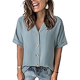 Dokotoo Women's Dressy Casual V Neck Short Sleeve Button Down Shirts Relaxed Work Business Loose Blouses Tops
