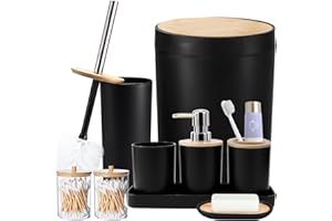 SLDIYWOW Black Bathroom Accessories, Black Bathroom Accessories Set with Trash Can, Vanity Tray, Soap Dispenser, Soap Dish, Toothbrush Holder, Toothbrush Cup, Toilet Brush and Qtip Holders
