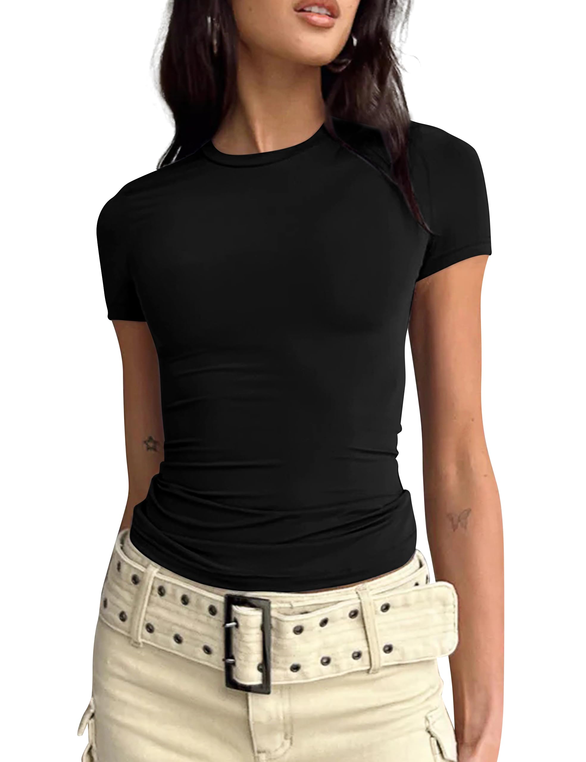AKLOPVII Maglietta Crop Top Donna, Maniche Corte, Girocollo, Skinny Fit, Elasticizzata, Per Fitness, Allenamento, Vita Quotidiana, Nero, Taglia S - 4