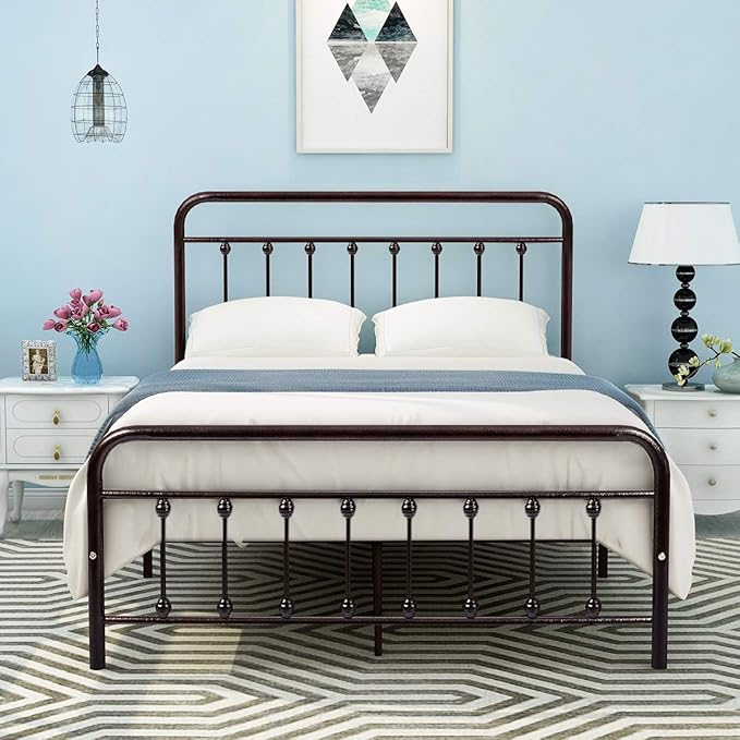 Double Size Metal Bed Frame Platform with Vintage Headboard and