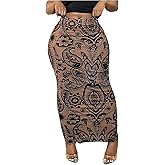 Floerns Women's Plus Size Vintage Mesh Maxi Skirt High Waisted Skinny Bodycon Long Skirts