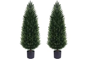 Grooy 4FT Artificial Cedar Topiary Trees, Set of 2 Tall Faux Tree Potted Plants with Trunk 48in Fake Cypress Tree for Indoor Outdoor Front Porch Garden Decor