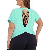 Koscacy Womens Plus Size Open Back Tops Short Sleeve Workout Shirts Casual Yoga Athletic Gym Running Tees