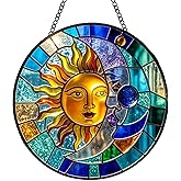 Sun and Moon Suncatcher 8 Inch Stained Glass Window Hanging Diamond Chain Hooks– Indoor/Outdoor Window Wall Art Home Décor -Gift for Women Men Valentine's Day Thanksgiving Ornaments Festival Gifts