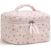 Prite Large Cosmetic Bags for Women Cute Makeup Bag Floral Coquette Aesthetic Toiletry Bag Travel Make Up Organizer Bag (Cherry)