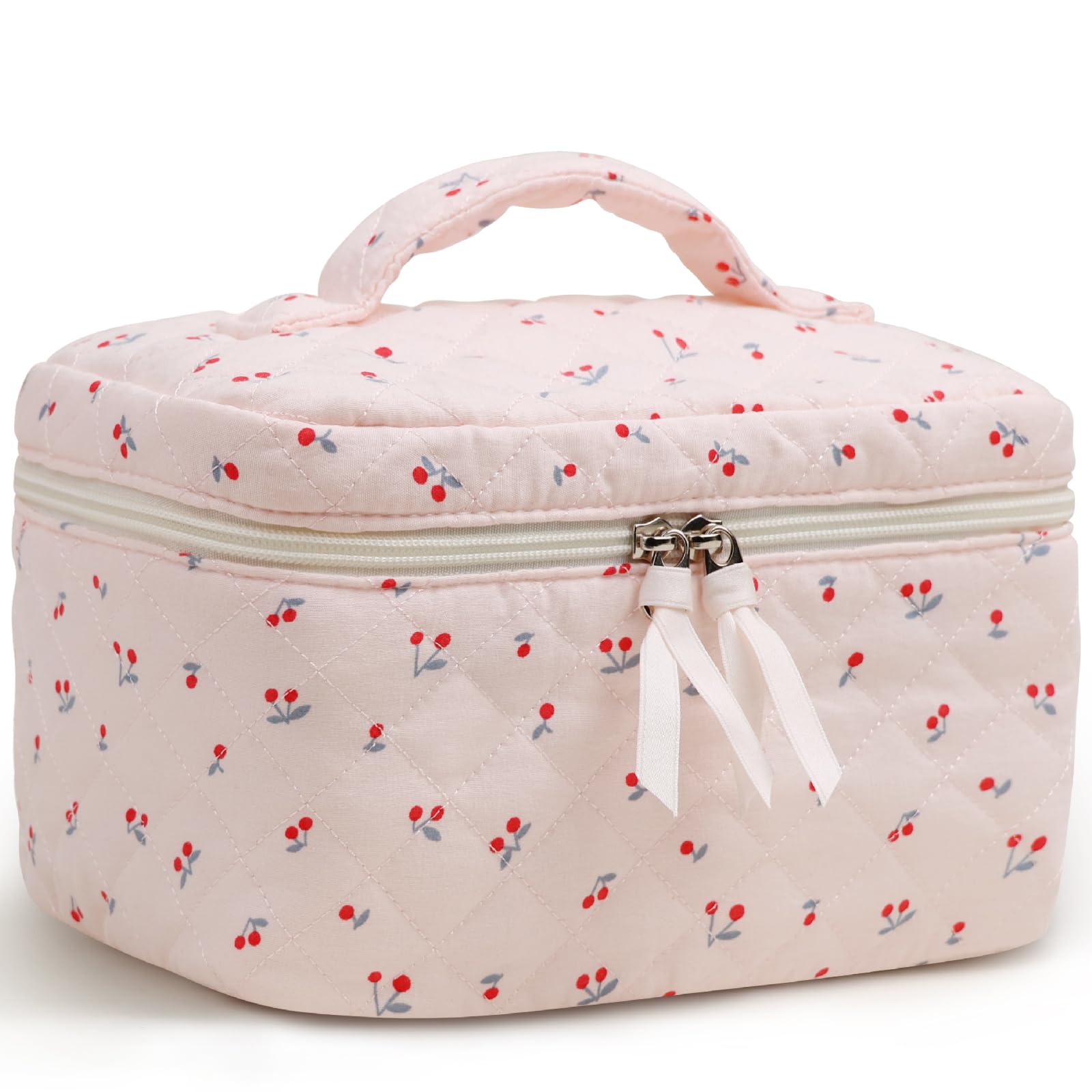 Prite Floral Makeup Bag Cotton Quilted Cosmetic Pouch Cute Travel Toiletry Bag Aesthetic Organiser Bag for Women and Girls
