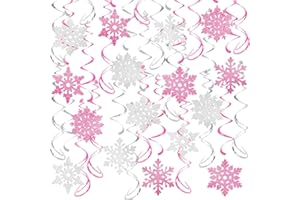 PARTYGARDEN 32 Pcs Pink Silver Glitter Snowflake Hanging Swirls Decoration Christmas Ceiling Decorative Streamers Snowflake Ornaments Garland Winter Holiday Wonderland Frozen Party Supplies