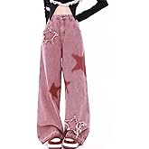xxxiticat Women's Pink Baggy Jeans High Waisted Five-Pointed Star Embroidery Vintage Loose Raw Hem Wide Leg Denim Pants