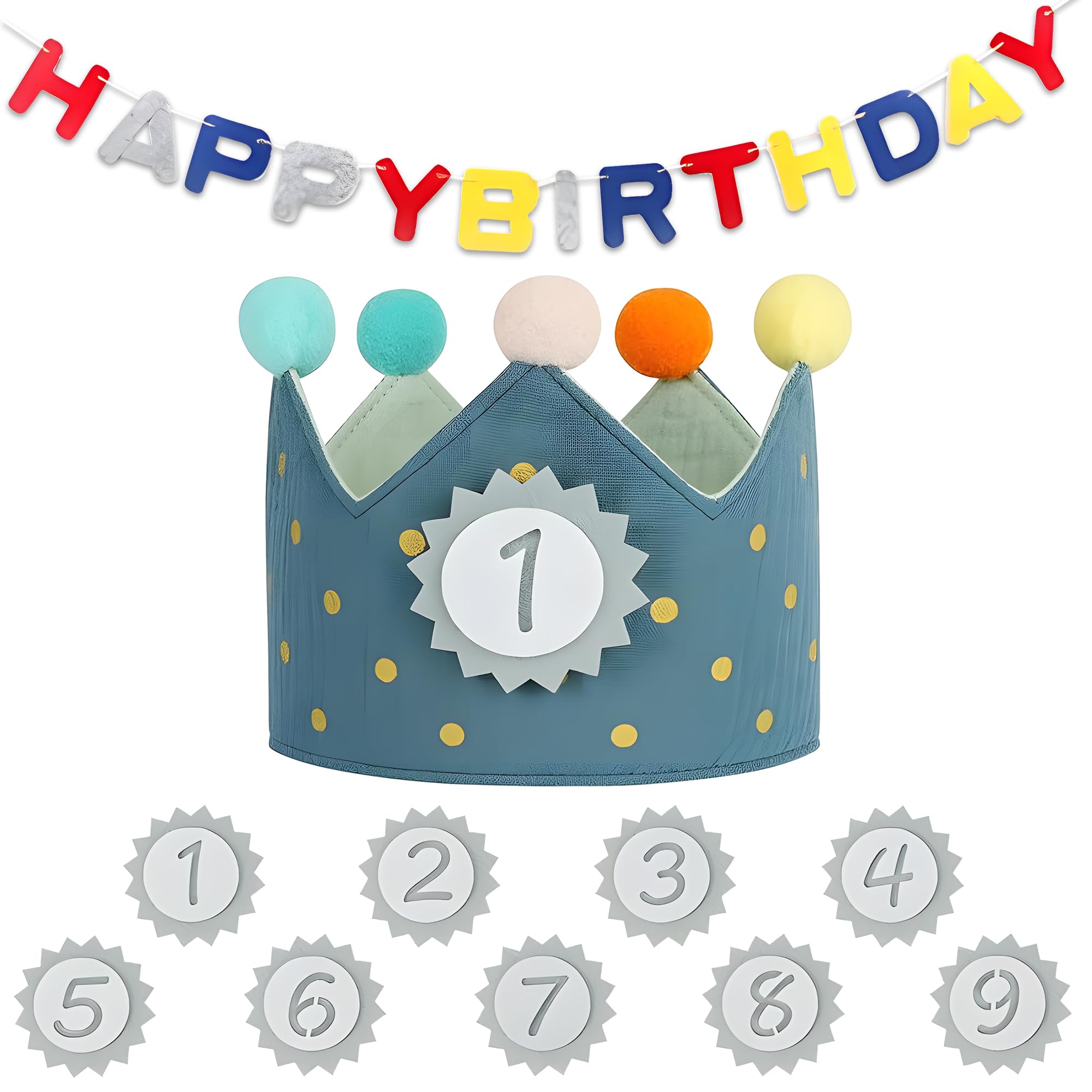 Jyeennar 2PCS Kids Birthday Crown Set with Interchangeable Numbers 1-9, Reusable Birthday Hat for Kids & Alphabet Banner, Birthday Party Decorations Photo Props for Boys Girls