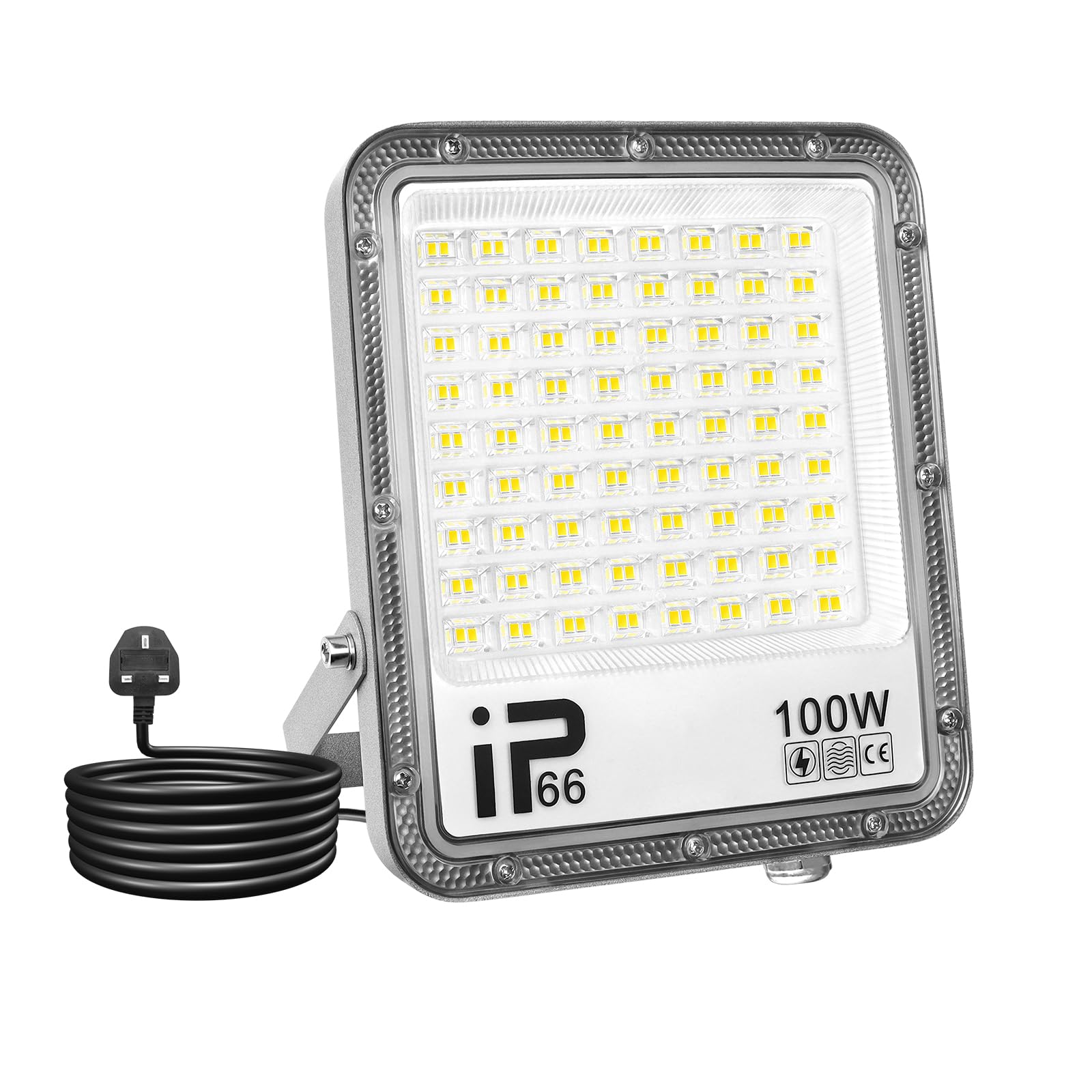 RIGIDON 1Pcs 100W LED Flood Light Outdoor with 1M Plug, 10000LM Super Bright Outdoor Lights 6000K Daylight White IP66 Waterproof Security Lights for Garden, Garage, Yard, Sports Ground, Patio, Porch