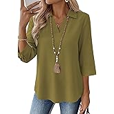 LOMON Womens 3/4 Sleeve Tops V Neck Cotton Linen Work Blouse Collared Shirts for Women Business Casual 2026 Spring