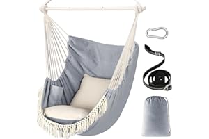 Chihee Hammock Chair Hanging Swing Max 500 Lbs 2 Cushions Included Metal Spreader Bar with Anti-Slip Grooves Portable Hanging Chair Side Pocket Large Macrame Bohemian Chair Indoor Outdoor