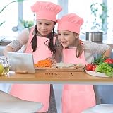 Bouiexye Kids Apron and Chef Hat Set Pink Adjustable with Pockets view 7