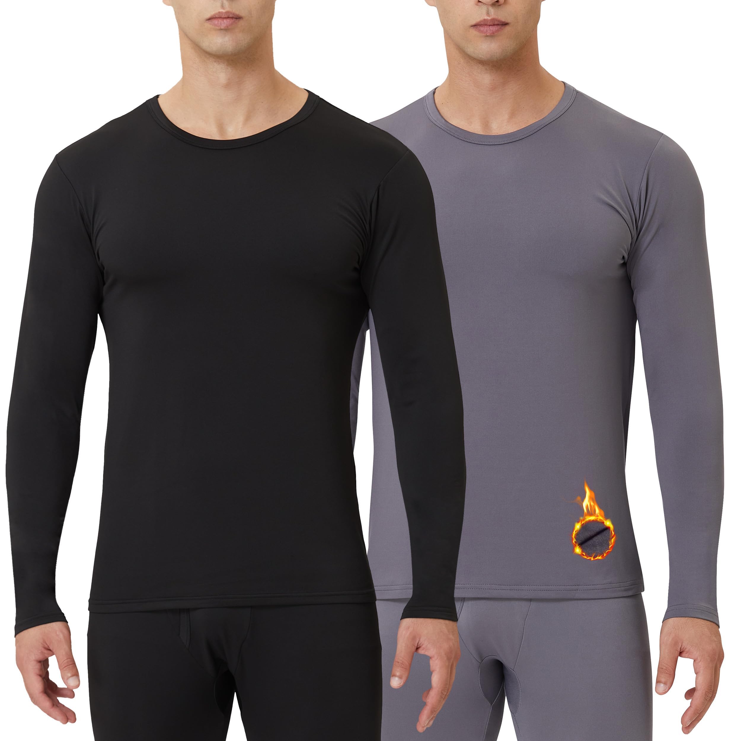 Photo 1 of 2 Pack Men's Thermal Shirts Fleece Lined Long Sleeve Tops Base Layer Compression Long Johns Undershirt Running Gear for Winter Cold Weather,Large,2PCS-Black/Grey