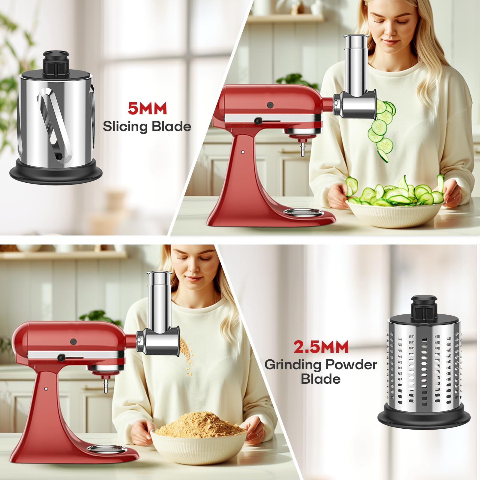Stainless Steel Slicer Shredder & Cheese Grater Attachment for Kitchenaid Stnad Mixer - 4 Blades Salad Maker with Grinding Powder Function by FGREEBLE