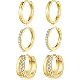 Bsoepnr 3 Pairs Small Gold Huggie Hoop Earrings Set, 14K Gold Plated Hypoallergenic Dainty Small Huggie Hoop Earrings with Cubic Zirconia for Women Men
