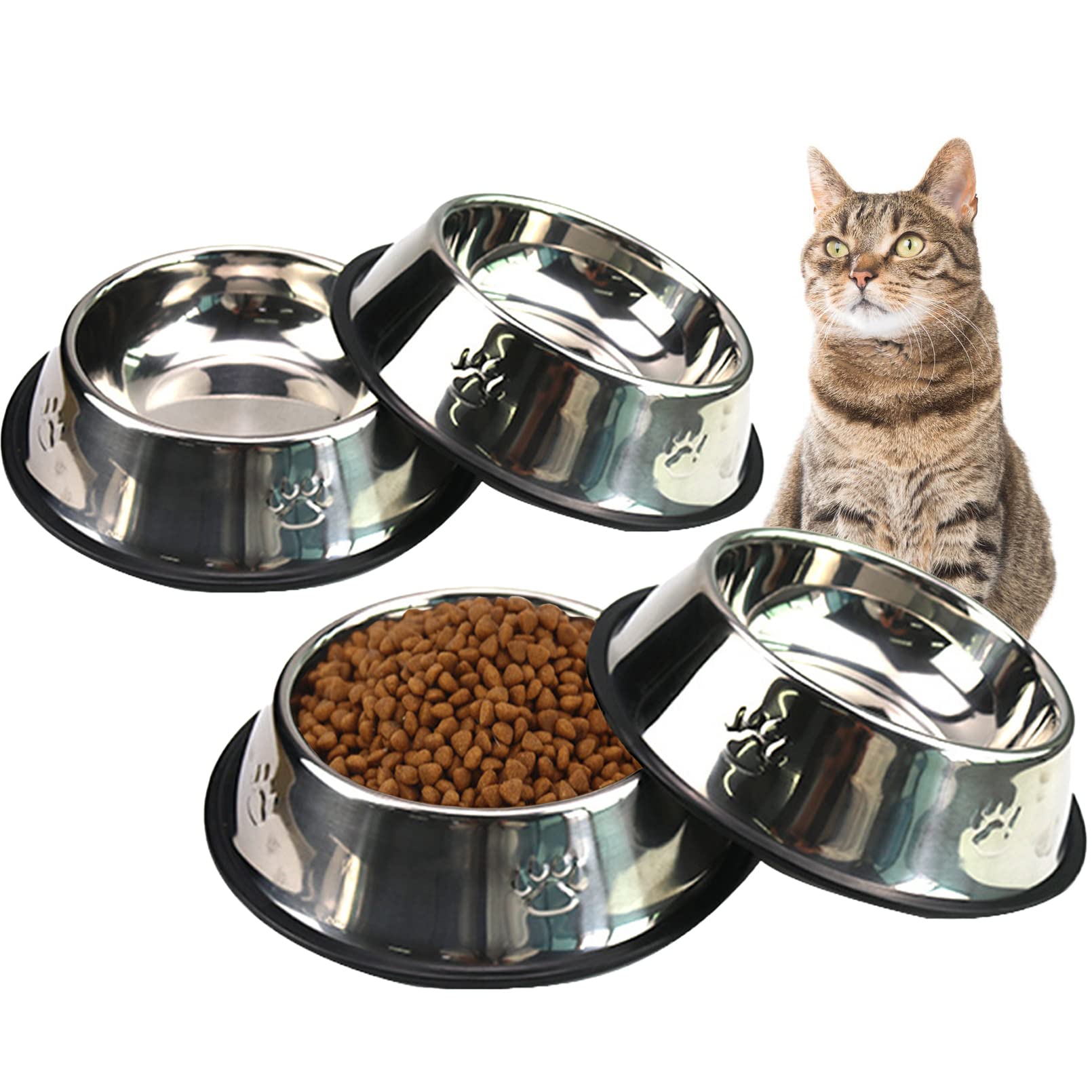 Photo 1 of Fhiny 4Pcs Stainless Steel Dog Cat Bowl with Rubber Base Pet Food and Water Feeder Bowls Stackable Non-Slip Dish Plate for Small Medium Animals Puppy Kitten Rabbit