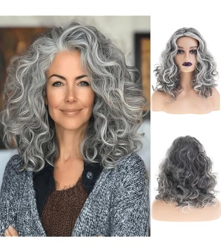 Amazon.com : Baruisi Curly Wavy Grey Wigs for Women Medium  display picture 1