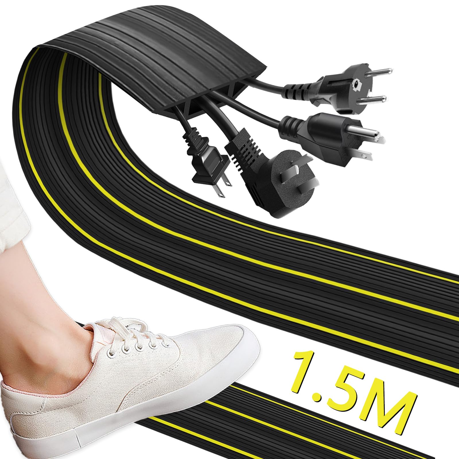 Xerteam Floor Cable Cover, 1.5M Heavy Duty Rubber Cable Protector with 3 Cord Channels, Yellow Warning Line, Easy Lay Flat
