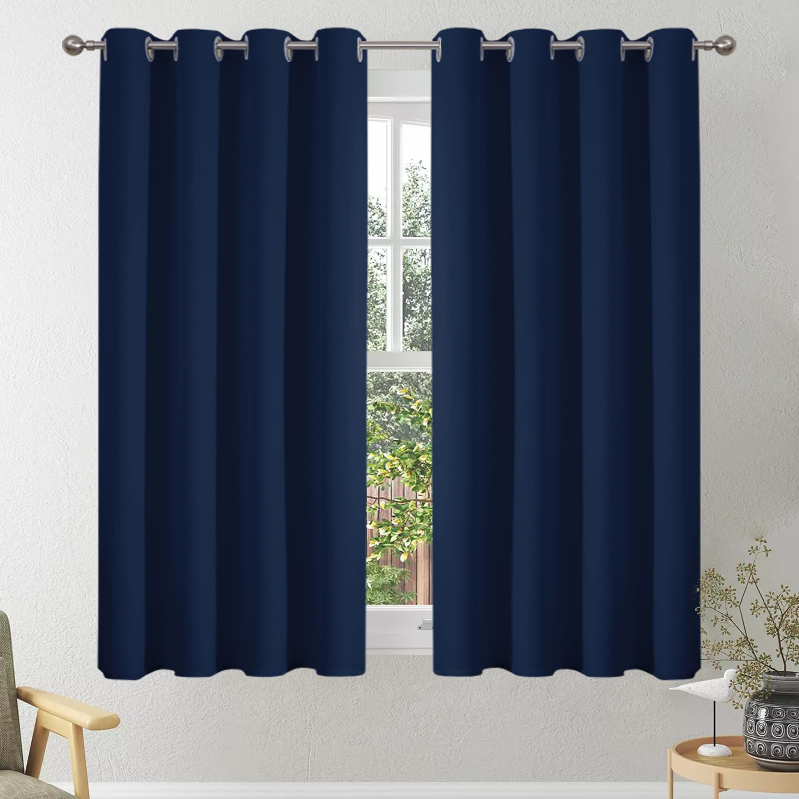 VEHEDE Blackout Curtains 54 Inch Drop, Eyelet Thermal Insulated Short Curtain for Bedroom, Soft Small Living Room Window Curtains & Drapes, W46 x L54 Inch, Navy Blue, 2 Panels