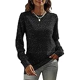 DUTUT Women's Long Sleeve Glitter Tops Crewneck Pullover Sweater Basic Casual Solid Color Tunic Tops Fall Soft Sweater