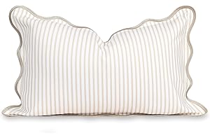 Hofdeco Premium Coastal Patio Indoor Outdoor Scalloped Lumbar Pillow Cover Only, 12"x20" Water Repellent for Backyard, Couch, Neutral Tan Print Stripes