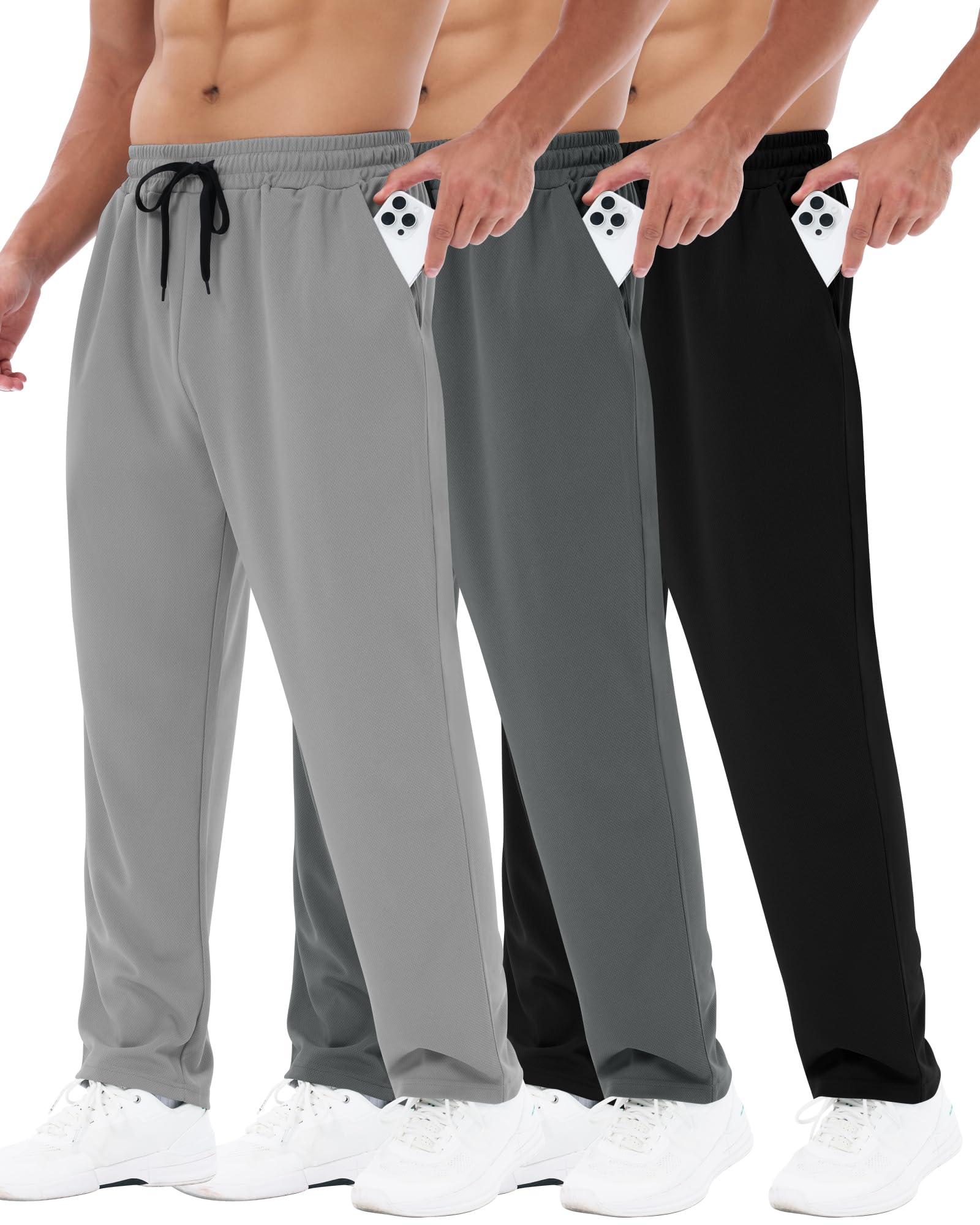 Photo 1 of 3 Pack Mens Sweatpants with Pockets - Mesh Open Bottom Athletic Joggers for Men Loose Fit Gym Workout Running Casual Pants