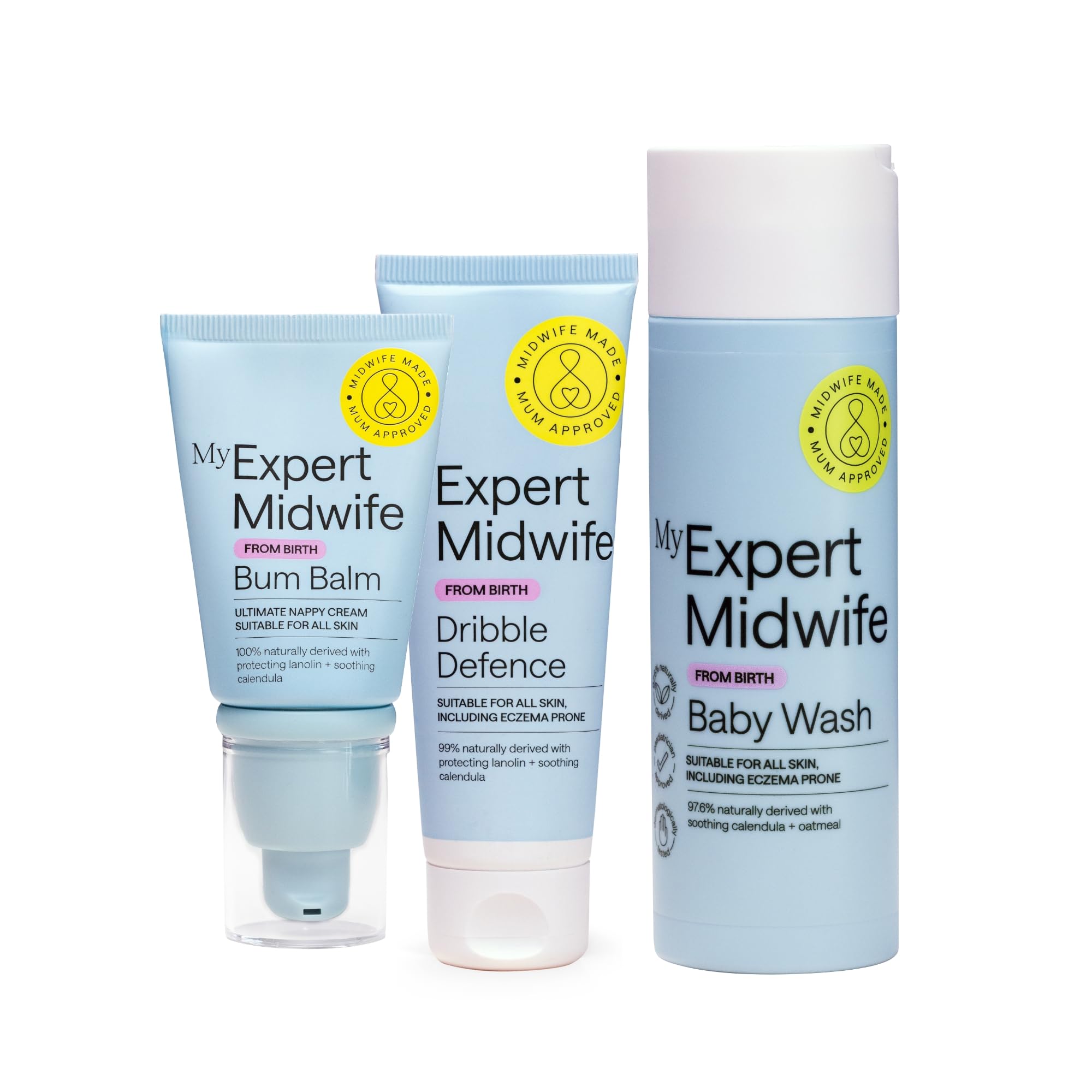 My Expert Midwife Newborn Baby Mega Mild Skincare Essentials Kit with Mega Mild Cleansing Baby Body Wash, Mega Totally Immense Dribble Defence and No Harm Bum Balm Nappy Cream (Pack of 3)