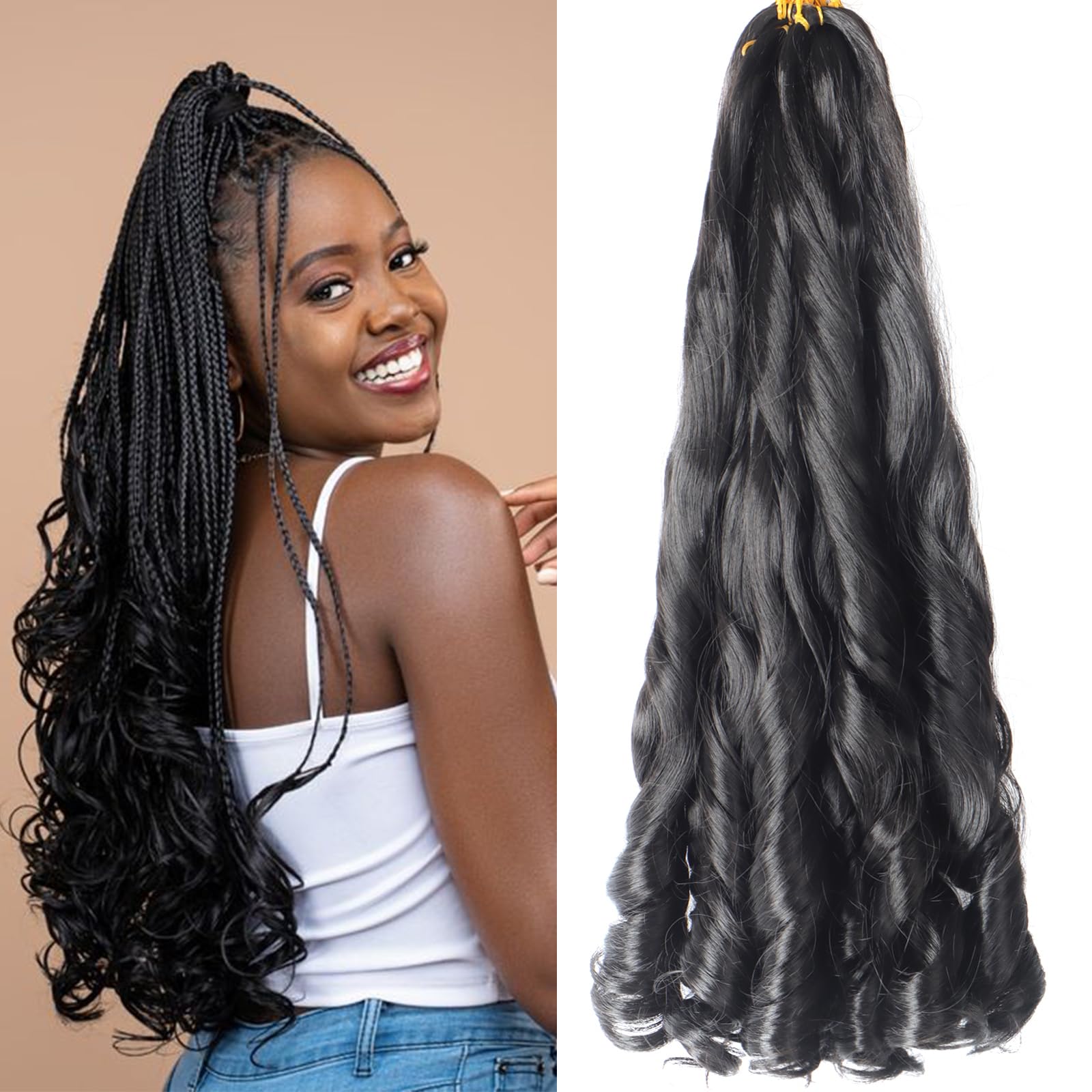 French Curly Braiding Hair 22 Inch 8Pack/lot Loose Wavy Spiral Curl Braids Crochet Hair Deep Wave Synthetic Extensions Pre Stretched Bouncy Curl Braiding Hair (1B#) โ image 1