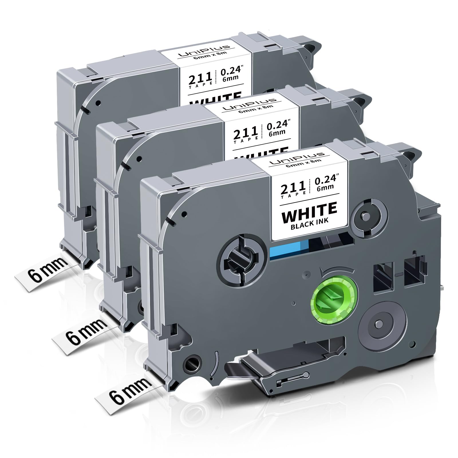 UniPlus Compatible 6mm Label Tape Replacement for Brother Tze Tz Tape Tze211 Tzc-211 6mm x 8m Black on White Laminated Cassette for PT-D600VP PT-H101C PT-D210 PT-1090 PT-H75 PT-H1280 PT-900, 3-Pack