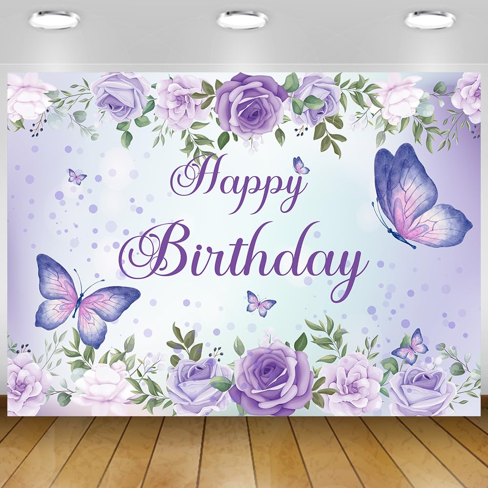 Photo 1 of 6x6Ft Purple Butterfly Birthday Banner Backdrop for Women Girl Purple Happy Birthday Backdrop Banner Rose Flowers Butterfly Decortions Background for GILR 's Party