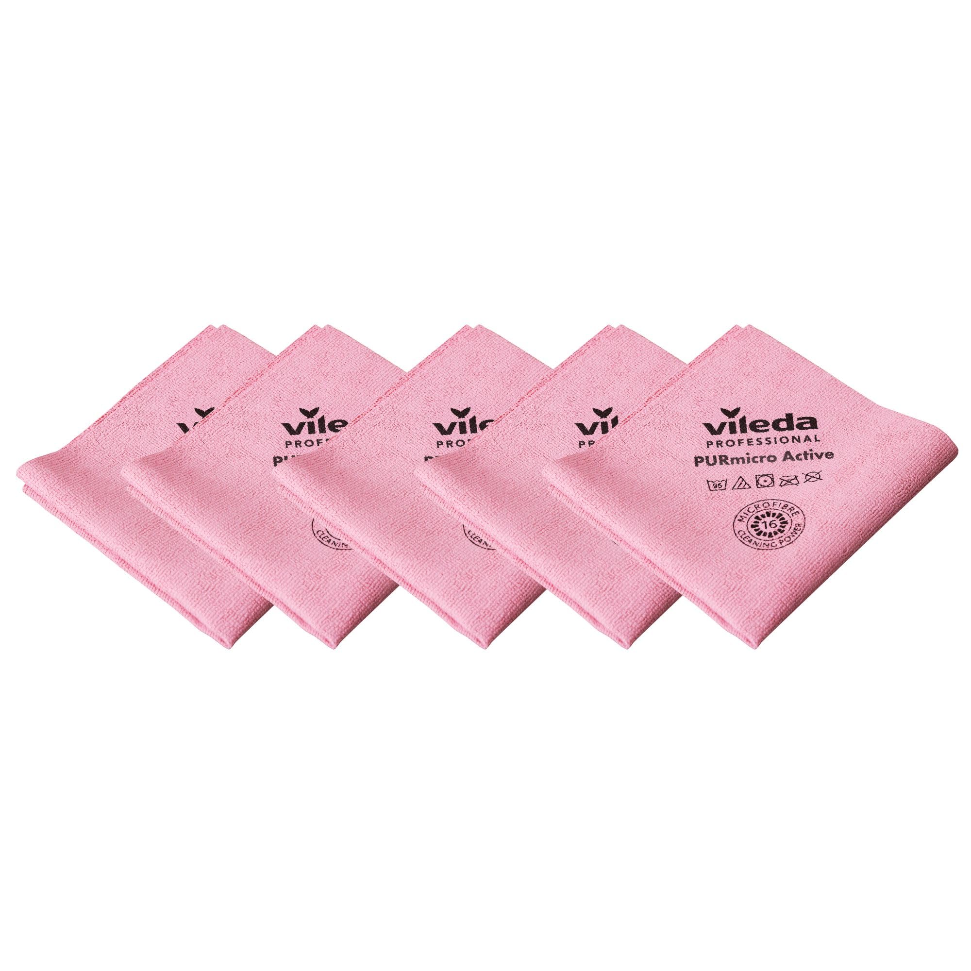 Vileda Professional PURmicro Active Cloths,Red 5-Pack – High‑Performance Microfibre with PUR Coating for Fast,Streak‑Free,High‑Absorption Cleaning on Glass,Stainless Steel & Smooth Surfaces (38x35cm)