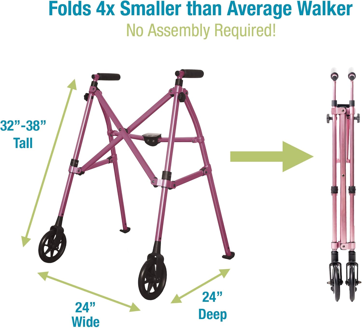 Able Life Space Saver Walker, Lightweight Folding 2 Wheel Rolling Walker for Seniors with Fixed Wheels, Regal Rose: Health & Personal Care
