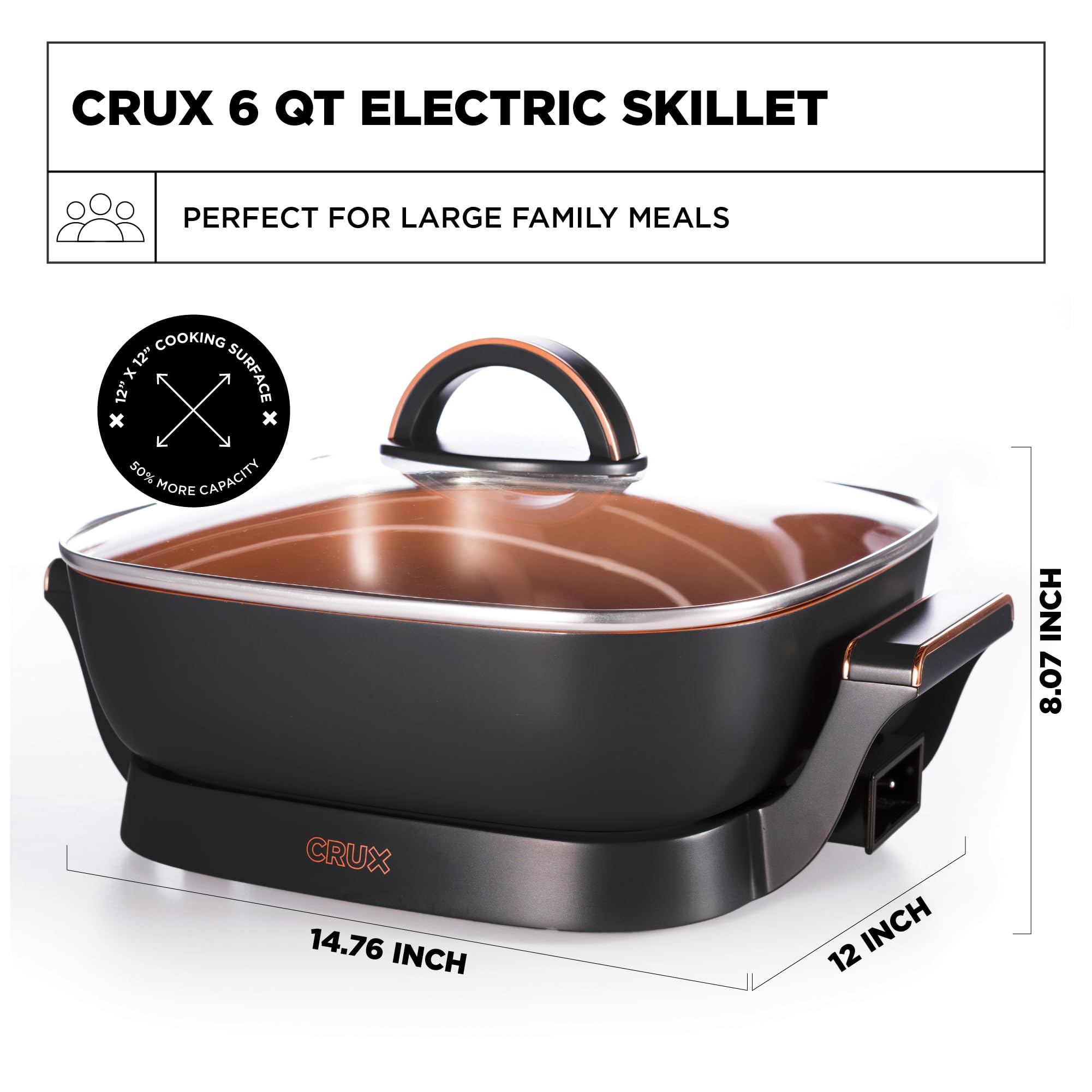 Crux Extra Deep Nonstick Scratch Resistant Electric Skillet with Removeable Temperature Probe, 12