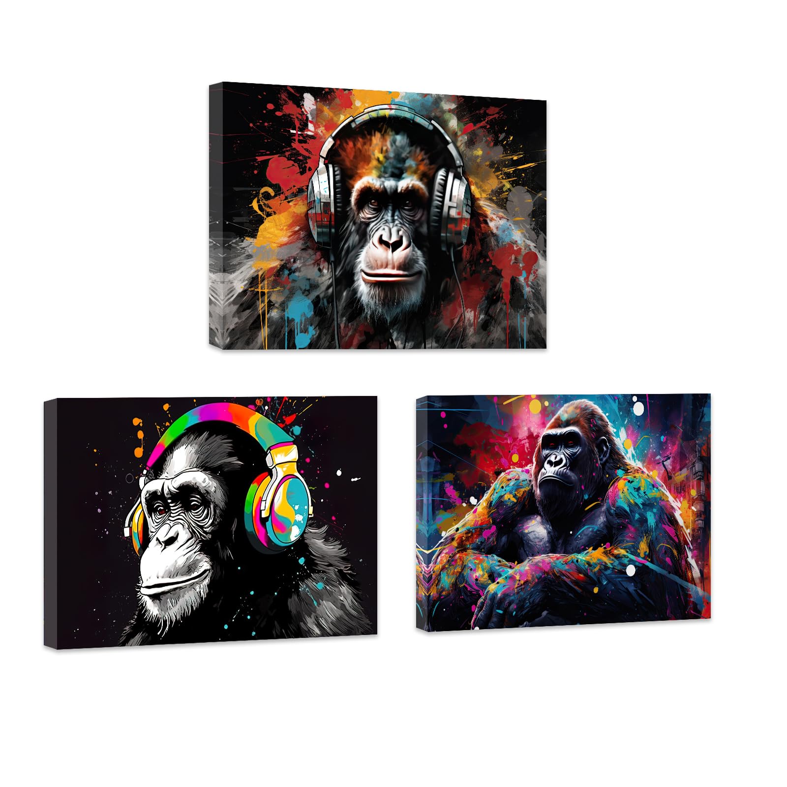 ZXHYWYM Monkey Pictures Wall Decor Funny Cool Monkey Gorilla Canvas Prints Gorilla with Headphones Painting Happy Music Animal Artwork Frame (A, (28x35cmx3))