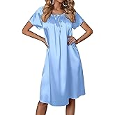 Ekouaer Women's Satin Silk Pleated Nightgown Loose Sleepwear Printed Nightshirt Short Sleeve Sleep Dress