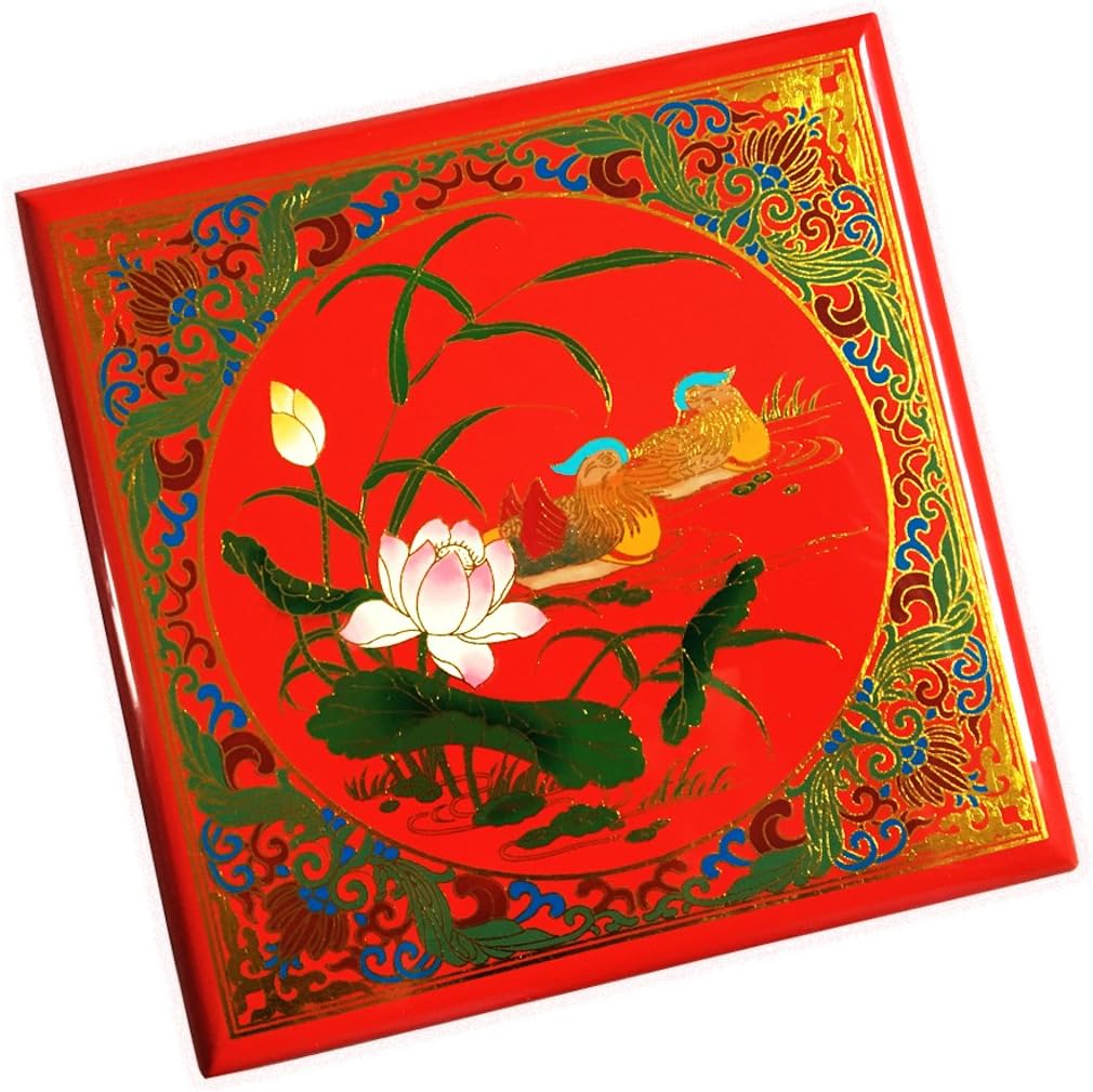 Jewellry Box,Wood,Mirror+2 storage layers fitted, Red, Mandarin Ducks, Lotus,Chinese Gift