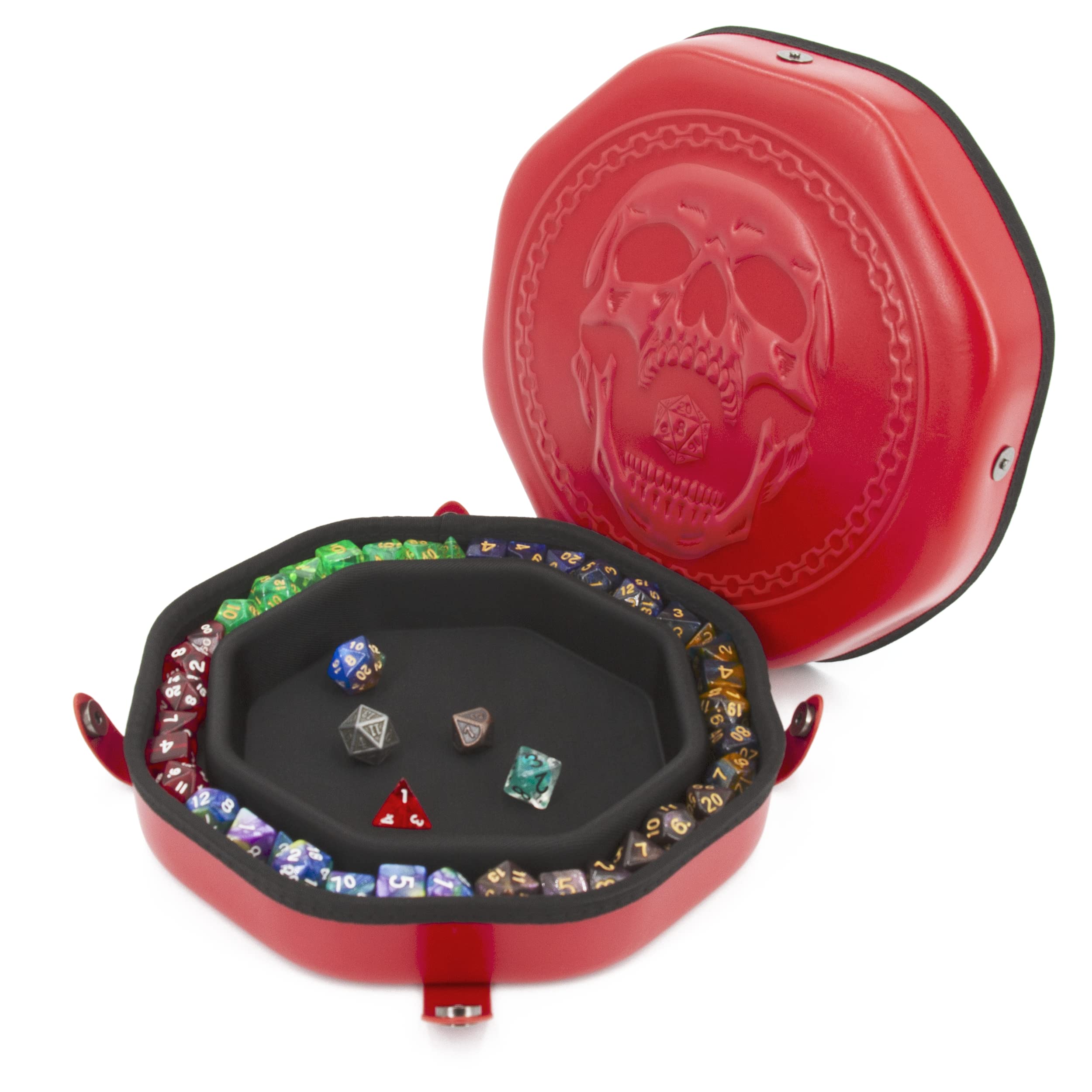 CASEMATIX Dice Tray & Storage Case – Holds Up to 115 RPG Dice, Magnetic Snap Rolling Tray with Skull Design, Non-Scratch Interior for Dice Protection & Random Rolls (Red)