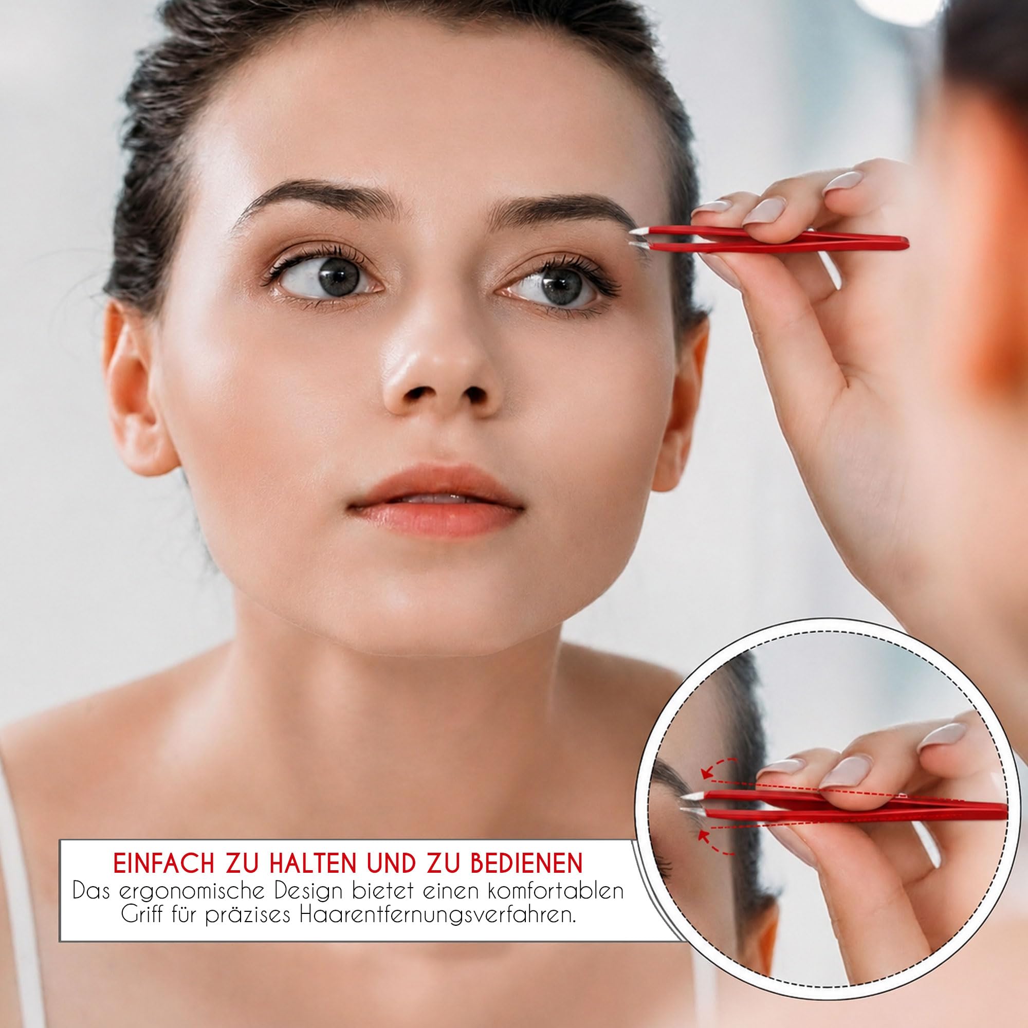 Candure Profi Schräg Pinzette für Herren & Damen – Präzisions Edelstahl Pinzetten zum Augenbrauen, Gesichts und Kinnhaare Zupfen, Eingewachsene Haare & Splitterentfernung mit Lederetui (Rot) 5