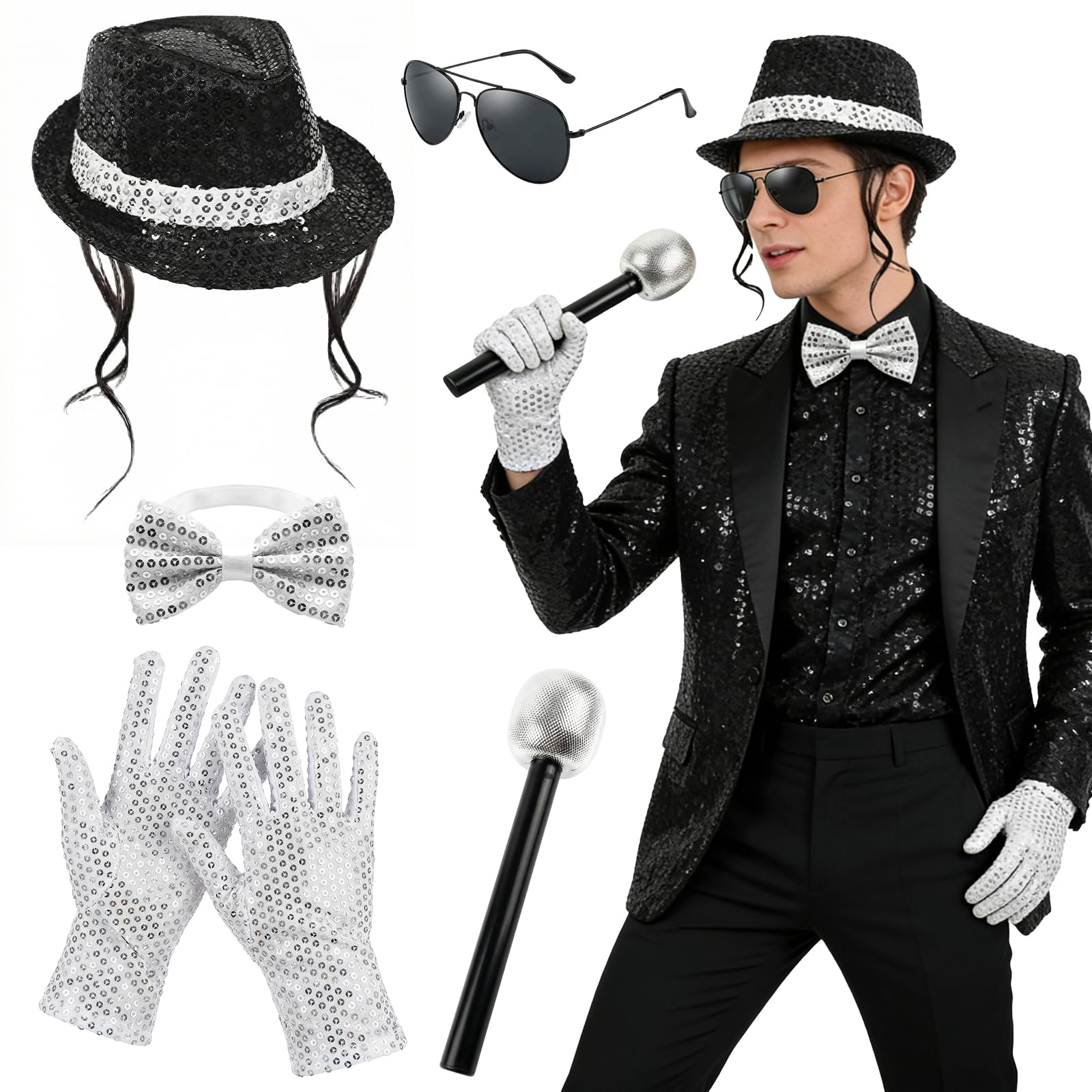 Vervora MJ Costume Accessories Set for Adults, King of Pop Fancy Dress Kit with Sequin Fedora Hat Silver Glove Sunglasses Bow Tie 80s Pop Star Party Outfit Halloween Costume
