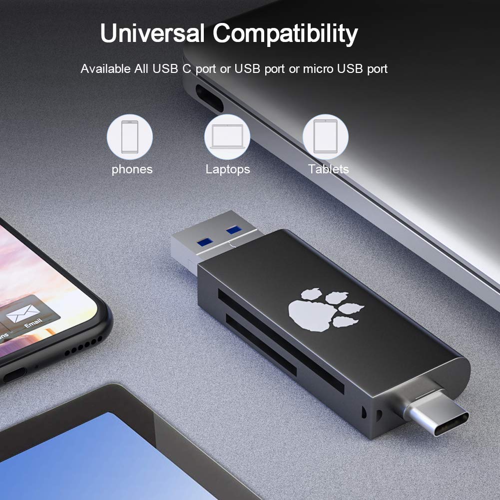 Wise Tiger SD Card Reader, 3-in-1 USB 2.0/USB C/Micro USB Card Reader for TF,SD, Micro SD, SDXC, SDHC, Micro SDHC, Micro SDXC Memory Card Reader for MacBook PC Tablets Smartphones with OTG Function
