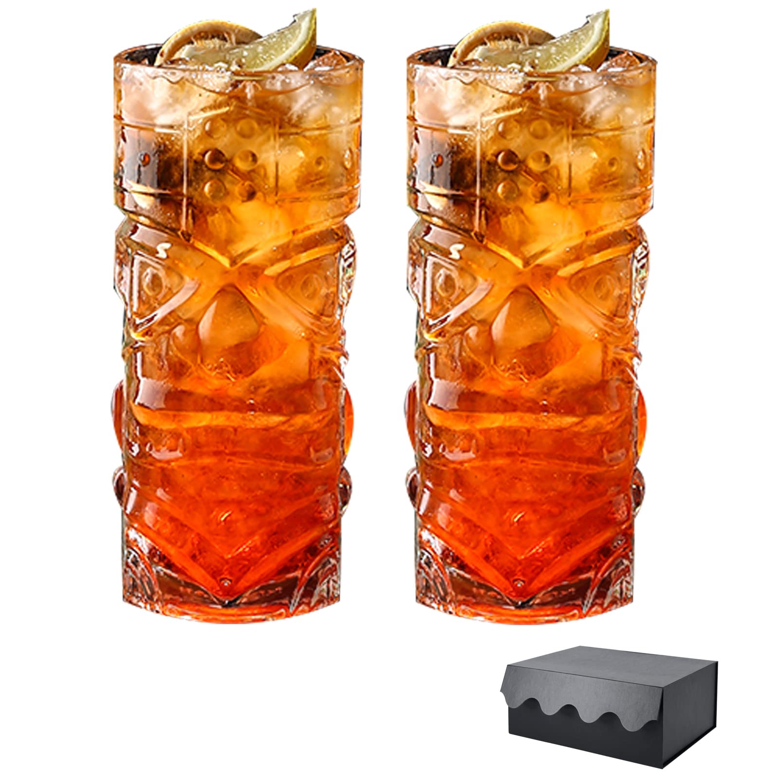 YBCPACK 2 Pack Tiki Glasses, Hawaiian Style Tiki Cups, 14oz Cocktail Glasses for Alcoholic Drinks, Cocktails, Beverages, Water, Juice, or Iced Teas