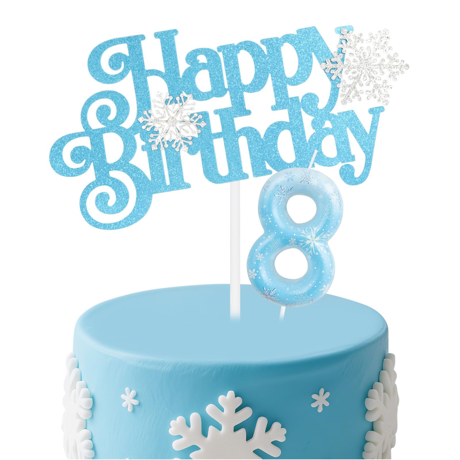 mciskin Frozen Birthday Candles Set,Blue Snowflake Number 8 Candle for Cake,8th Birthday Decorations for Girls,Silver Snowflake Candles Frozen Cake Toppers for Girls Boys Birthday Party Supplies