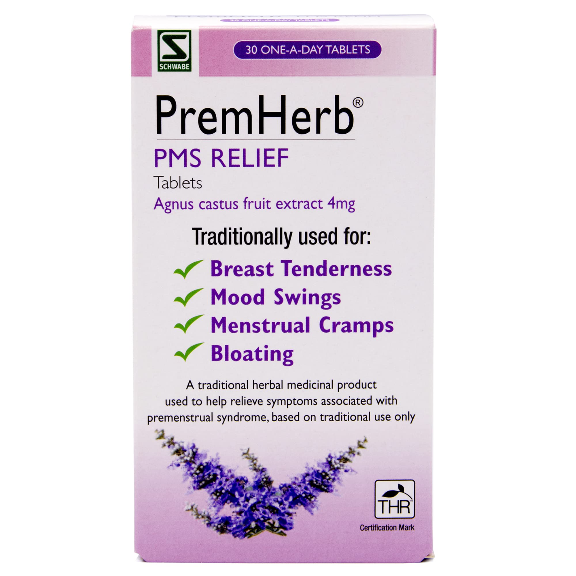 Schwabe Pharma - Premherb PMS Relief - Agnus Castus Fruit Extract 4mg - Traditionally Used for Relief of Breast Tenderness, Mood Swings, Menstrual Cramps, Bloating - 30 Tablets