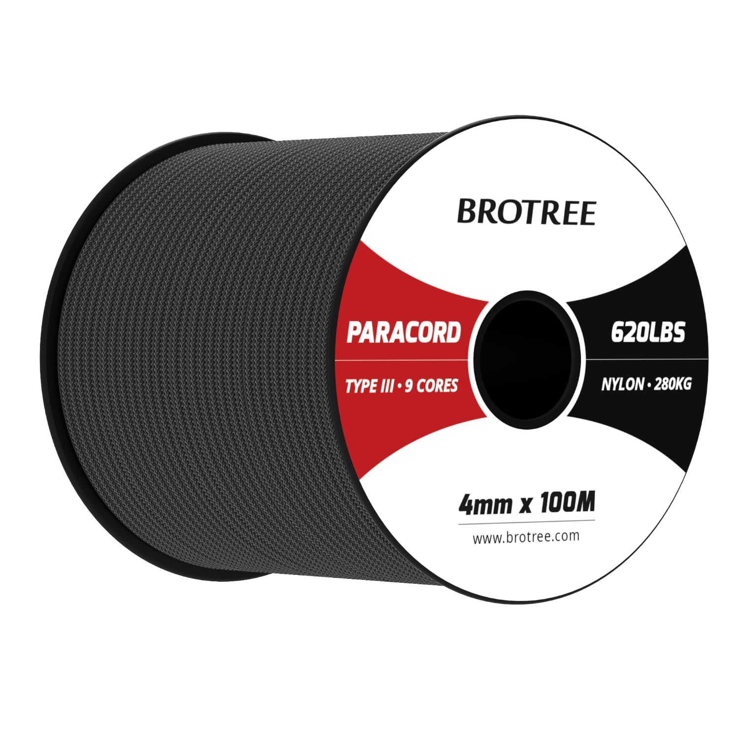 Brotree Paracord 4mm 100M 9 Strands 100% Nylon Rope Type 3 Parachute Cord for Outdoor, Bracelet, DIY - 280kg Breaking Load (Black)